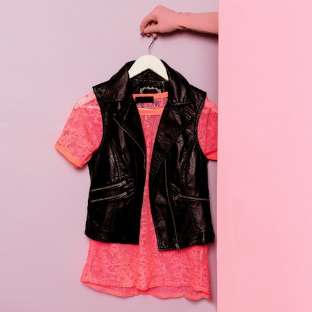 Stylish clothes. Pink lace t-shirt and vest. Minimal fashion. Wardrobe Trends Ideasの写真素材