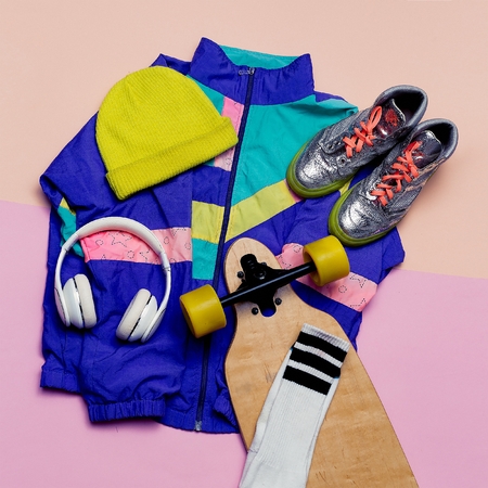Vintage sportswear. Skateboard style. Fashion blogger help. Top view Urban lookの写真素材