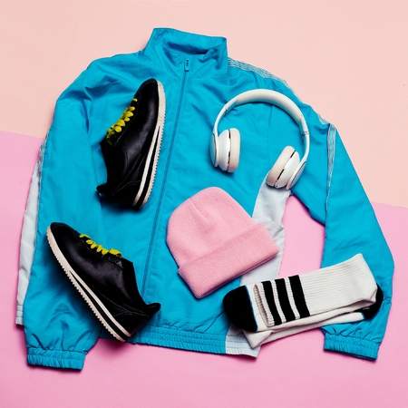 Fashionable Sports Jacket, Urban style.Accessories headphones, golfs, beanie Street Outfitの写真素材