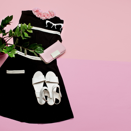 Stylish female clothes set.Retro dress and accessories. Vintage outfit for lady.の写真素材