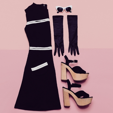 Black Vintage Dress and Accessories. Mademoiselle style. Gloves, glasses, heel. Retro Glam Top viewの写真素材