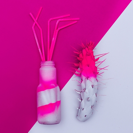 Cocktail and cactus. Minimal art. dangerous mixの写真素材