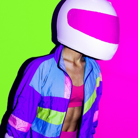 Disco and Moto. Girl in helmet. Minimal art.