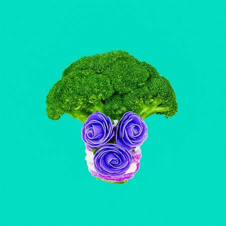 Broccoli and flowers. Vegan minimal artの写真素材
