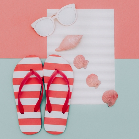 Sunglasses and seashells. Ocean Beach Vacation Summer Minimal Styleの写真素材