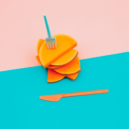 Pieces of Raw Pumpkin Vegan Minimal artの写真素材