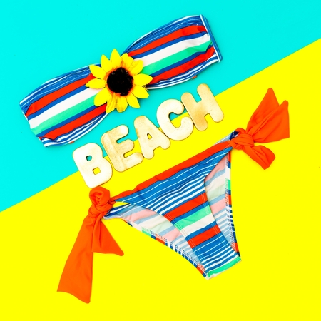Fashionable swimsuit and accessories. Beach fashion Ladys styleの写真素材