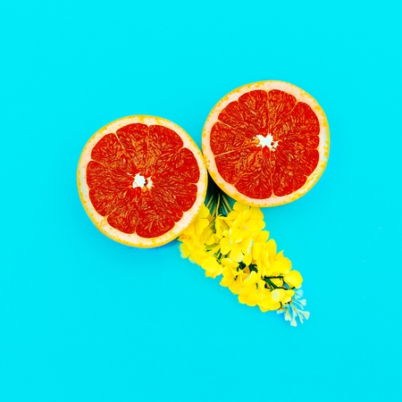 Grapefruit and Yellow Flowers Minimal art. Designの写真素材