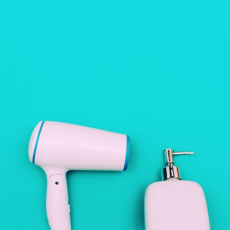 Home accessories. Hairdryer and soap. Minimal art styleの写真素材