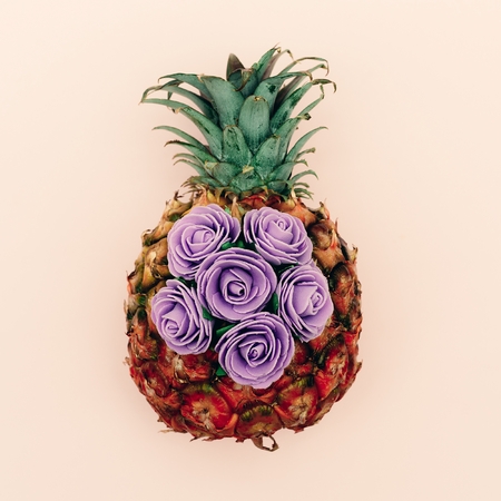 Pineapple and roses. Minimal art designの写真素材