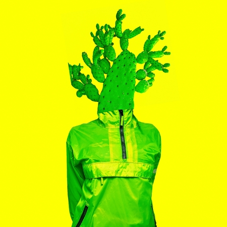 Minimal art collage Green Cactus man Creative designの写真素材