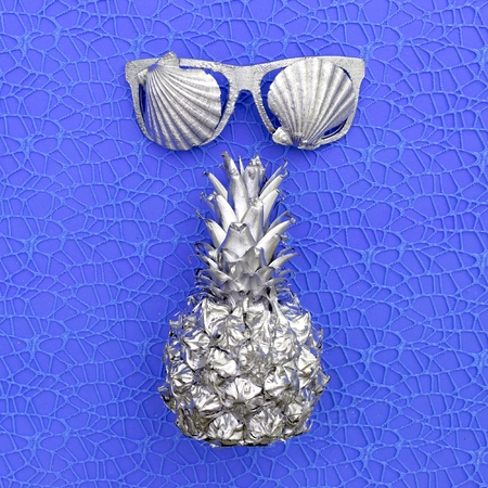 Silver pineapple and glasses. Marine vibrations. Minimal art designの写真素材