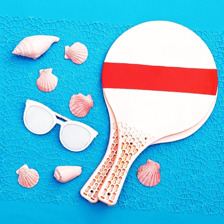 Beach Time. Beach badminton. Vacation set minimalの写真素材