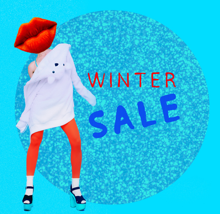 Contemporary art collage. Concept Discounts and sales of cosmetics. Funny Lips Girlの写真素材