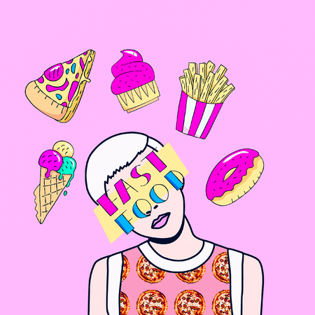 Contemporary art  collage. Girl fast food lover. Funny Fast food minimal projectの写真素材