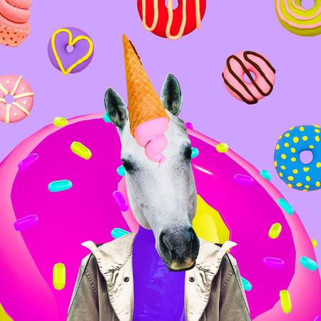 Candy Unicorn. Contemporary art collage. Funny Fast food minimal projectの写真素材
