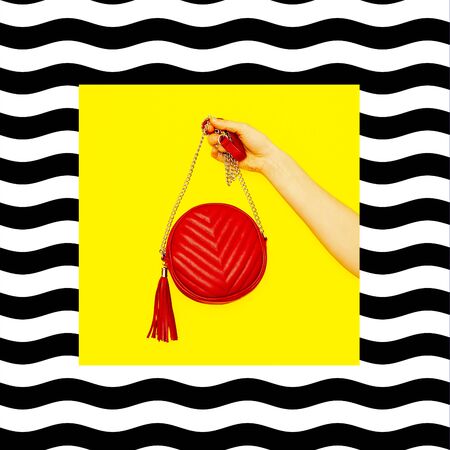 Lady red clutch minimal geometry collage. Fashion accessories conceptの写真素材