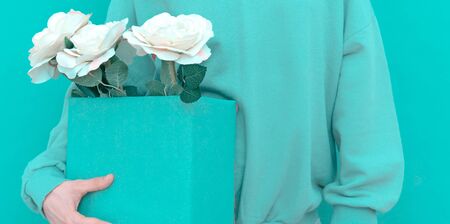 Roses fresh Mint fashion look. Monochrome color trends. Aqua Menthe aesthetic concept
