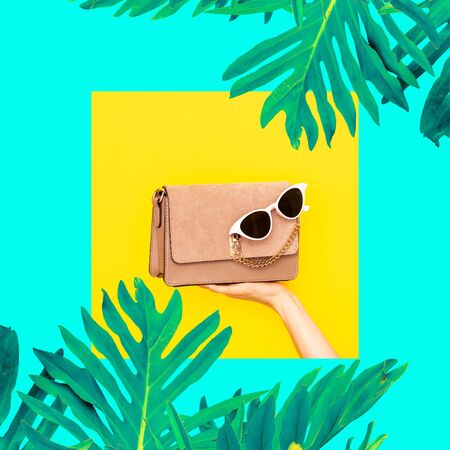Fashion Lady clutch and sunglasses. Minimal geometry collage art. Summer style
 conceptの写真素材