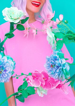 Happy Vanilla Girl pastel style. Girl 90s aesthetic. Fashion Summer Flowers bloom moodの写真素材