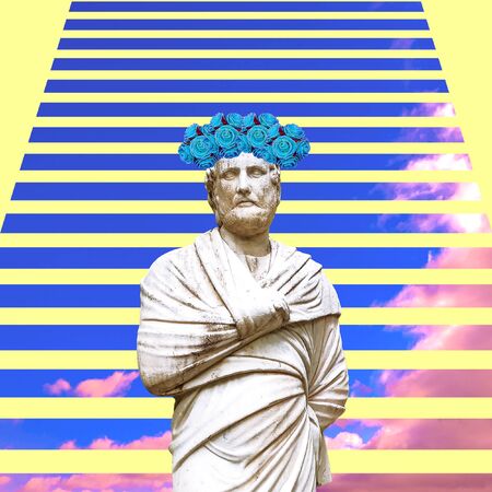 Contemporary art collage. Sculpture renaissance Man and sky backgroundの写真素材