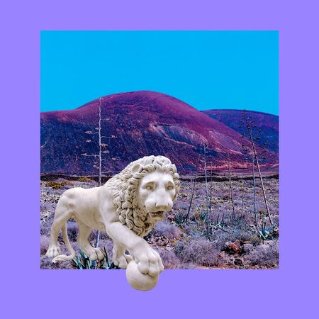 Contemporary art collage. Sculpture renaissance Lion and wild landscapeの写真素材
