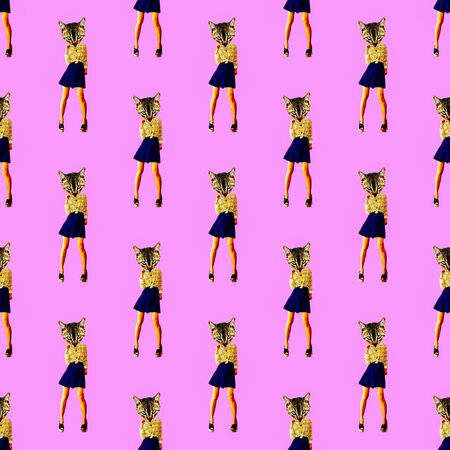 Seamless pattern. Dancing Kitty. Use for t-shirt, greeting cards, wrapping paper, posters, fabric print.の写真素材