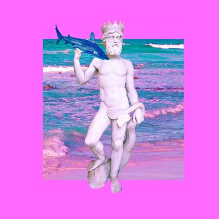 Contemporary art collage. Sculpture renaissance Aqua man. Fun artの写真素材