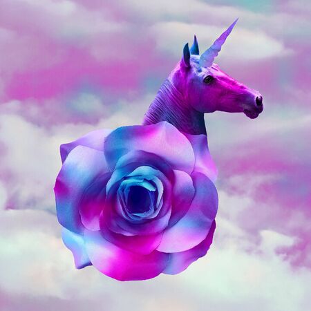 Minimal Contemporary collage art. Purple dreamer unicornの写真素材