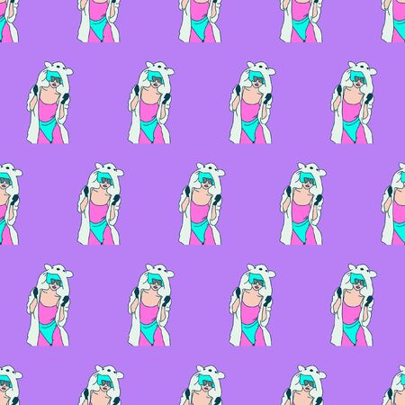 Seamless pattern. Hipster Party Panda girl. Use for t-shirt, greeting cards, wrapping paper, posters, fabric print.の写真素材