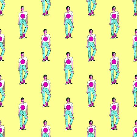 Seamless pattern. Stylish girl illustration. Use for t-shirt, greeting cards, wrapping paper, posters, fabric print.の写真素材