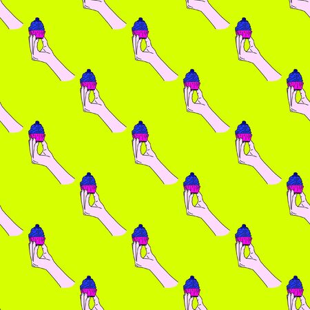 Seamless pattern. Hand holds cake. Sketch Use for t-shirt, greeting cards, wrapping paper, posters, fabric print.の写真素材