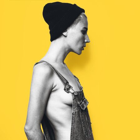 Stylish Hipster Denim Style fashion model urban denim overallsの写真素材