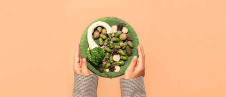Hands hold autumn plate on beige design background. Top view. Copy space. Autumn minimalist concept, Fall Autumn composition. Autumn dinner moodの写真素材