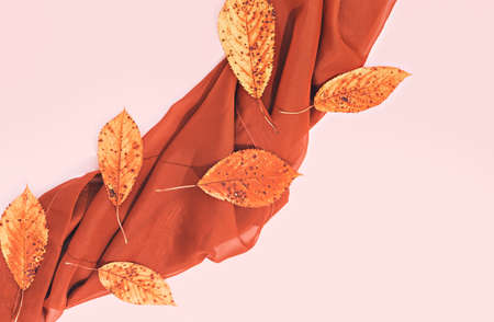 Wicker winter autumn decor basket on beige design background. Copy space. Autumn