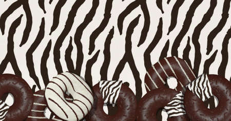 3d render fashion collage flat lay scene. Chocolate donuts set and animal print background. Donuts lover concept. Minimalistic creative food style art.の写真素材