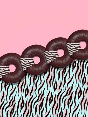 3d render fashion collage flat lay scene. Chocolate donuts set and animal print background. Donuts lover concept. Minimalistic creative food style art.の写真素材