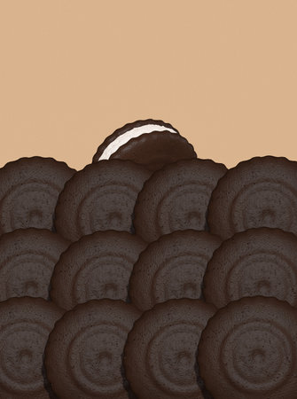 3d render flat lay pattern scene. Totally Chocolate cookies on brown background. Choco Cacao lover concept. Minimalistic creative food style art.の写真素材