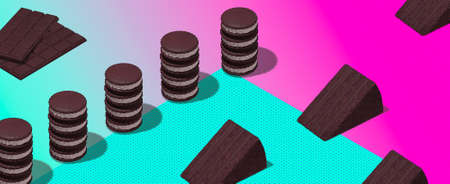 Creative minimal food design 3d render chocolate ice-cream in isometry geometry space. Restaurant, sweet candy shop, food delivery concept modern art.の写真素材