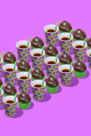 Minimal design. 3d render chocolate donuts set in isometry vertical beige space. Restaurant, bakery...