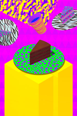 Minimal food geometry in details. 3d render scene chocolate brownie set in isometry stylish pink...