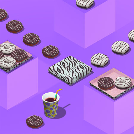 Minimal food geometry in details. 3d render scene chocolate brownie set in isometry stylish pink room. Restaurant, bar, bakery, candy shop, food delivery concept art.の写真素材