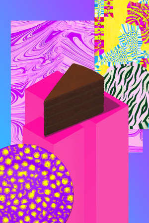 Minimal food geometry in details. 3d render scene chocolate brownie set in isometry stylish pink...