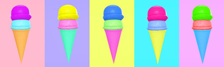 3d render sticker set creative food banner. Stylish colorfull coffee cups. Restaurant, bars, cafes, shop conceptの写真素材