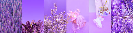 Set of trendy aesthetic photo collages. Minimalistic images of one top color. pink mood board