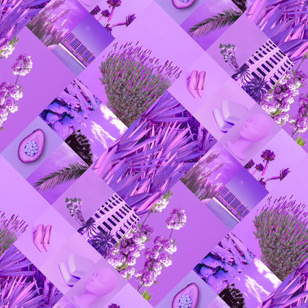 Set of trendy aesthetic photo collages. Minimalistic images of one top color. pink mood board