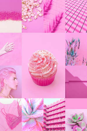 Set of trendy aesthetic photo collages. Minimalistic images of one top color. pink mood boardの写真素材