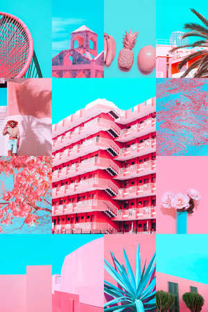 Set of trendy aesthetic photo collages. Minimalistic images of one top color. pink mood boardの写真素材