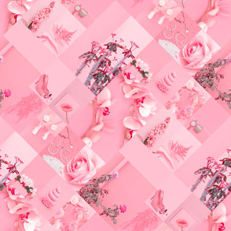 Set of trendy aesthetic photo collages. Minimalistic images of one top color. pink mood boardの写真素材
