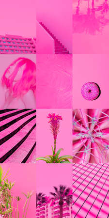 Set of trendy aesthetic photo collages. Minimalistic images of one top color. pink mood boardの写真素材